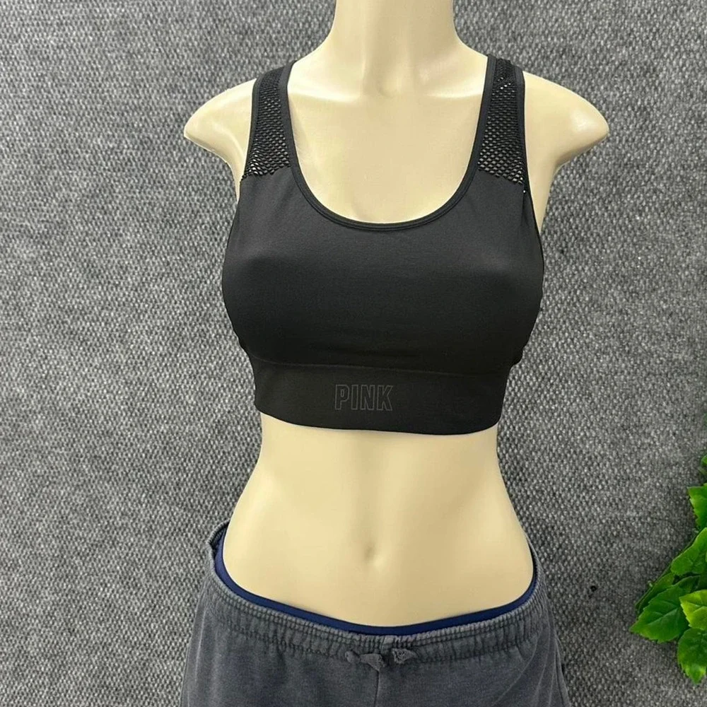 PINK Victoria's Secret Black Mesh Racerback Lightly Lined Sports Bra Large
